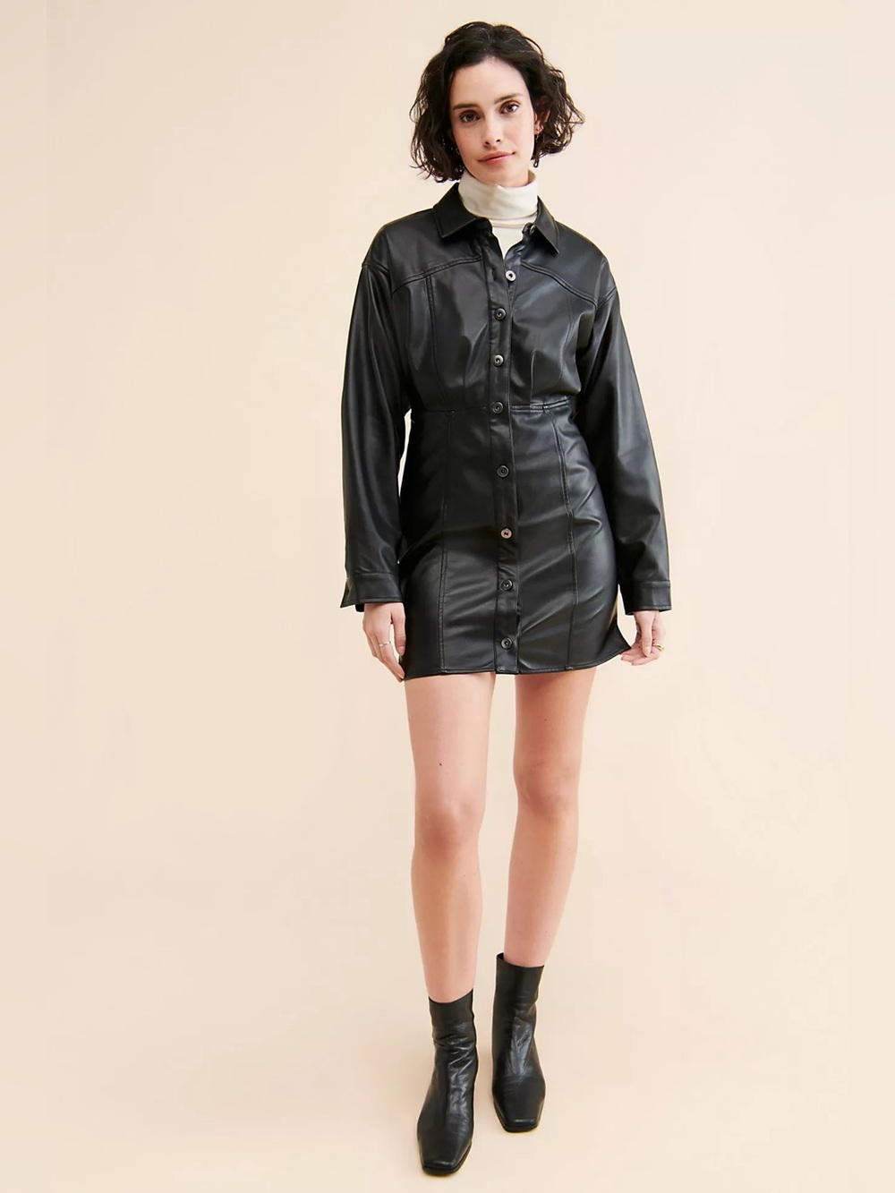 Free People Amber Vegan Leather Button Front Long Sleeve Mini Dress Black Size 4